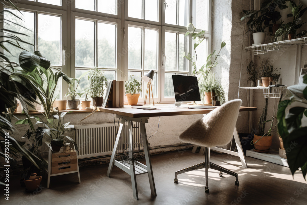 A well-organized and minimalistic workspace with a large window and a computer sitting on the desk.. Generative Ai A well-organized and minimalistic workspace with a large window and a computer sitting on the desk.. Generative Ai