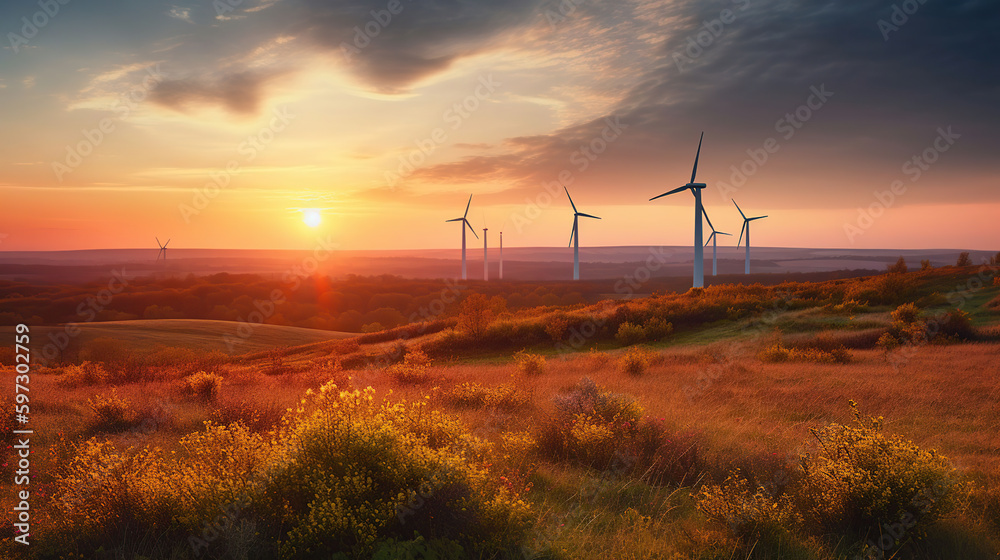Wind Turbines In Rural Landscape At Sunset, generative ai