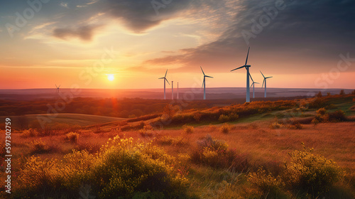 Wind Turbines In Rural Landscape At Sunset, generative ai