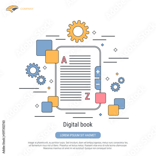 Digital book, online reading flat contour style vector concept illustration