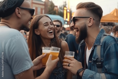 Vibrant social scene at an outdoor festival concert, with a cheerful crowd enjoying the atmosphere and each other's company. People can be seen drinking beer and having a good time Generative AI