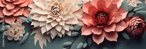Seamless Paper Craft  layered art of flowers  copyspace. AI generative