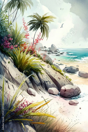 Seaside Serenity: A Watercolor Painting of a Beach Scene with waves and stones.