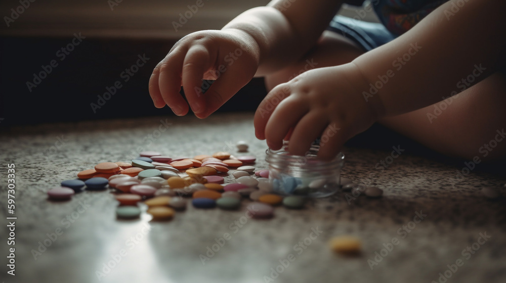 A Young Toddler Has Found Some Rainbow Fentanyl PIlls At Home - Generative AI. A Young Toddler Has Found Some Rainbow Fentanyl PIlls At Home - Generative AI.