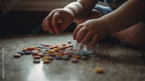 A Young Toddler Has Found Some Rainbow Fentanyl PIlls At Home - Generative AI.