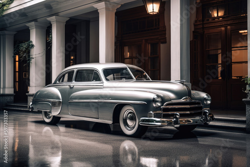 A stunning photo capturing the elegance and beauty of a classic car parked in front of an old building on a rainy day with the sun shining through the windows.. Generative Ai © Golib Tolibov