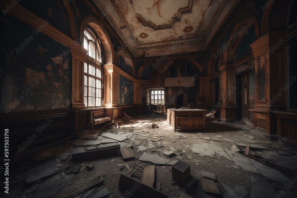 Damaged interior of deserted asylum. Generative AI