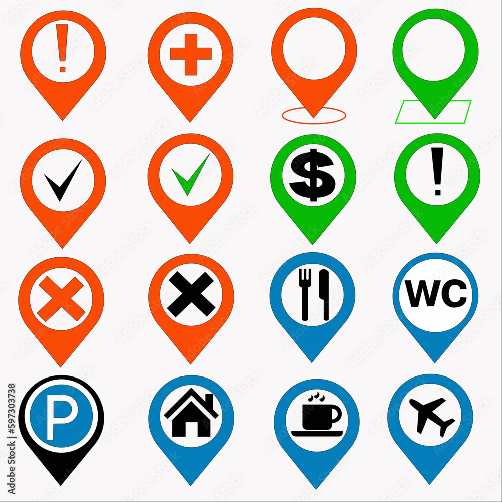 set of map pointers set of signs of symbols on the map plane airport pharmacy cafe house hotel parking ATM canteen WC set of map pointers set of signs of symbols on the map plane airport pharmacy cafe house hotel parking ATM canteen WC