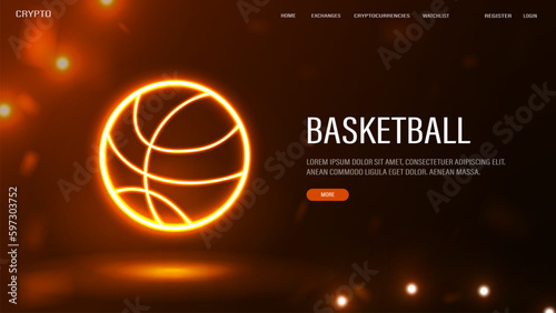 A web banner with a bright neon basketball ball on a dark orange background. A sign on the theme: sports.