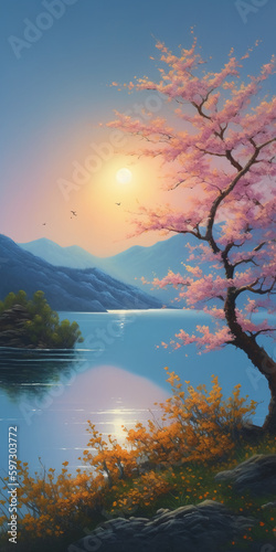 beautiful oil painting depicts a serene morning scene with a vast. AI generative
