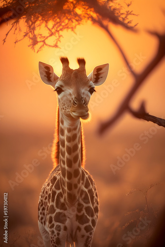 A baby giraffe in the savannah, created with Generative AI technology © Josue