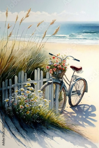 Breezy Beach Delight: A Watercolor Painting of a Coastal Scene with Wooden Fence, Flowers, and a Bicycle