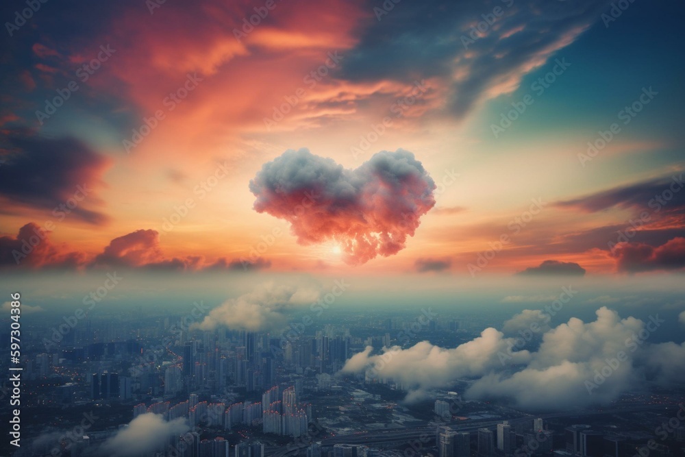 Colorful abstract cloud in the shape of a heart over the city, perfect for Valentine's day. Generative AI