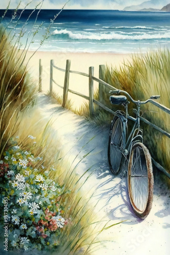 Breezy Beach Delight: A Watercolor Painting of a Coastal Scene with Wooden Fence, Flowers, and a Bicycle
