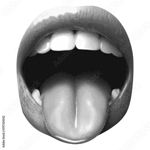 red lips isolated mouth with tongue out teeth in retro halftone texture vintage dotted pop art style collage elements for mixed media design grunge punk crazy templates