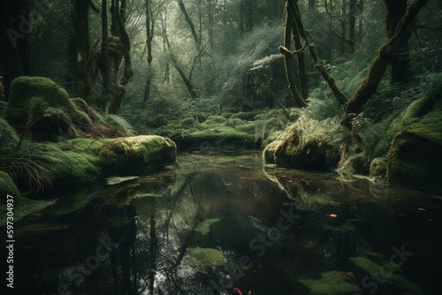 A forest pond with mossy island and green trees. Generative AI