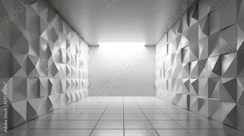 Light and shadow play in a white 3D interior: geometric textured wall and smooth floor, created using generative AI