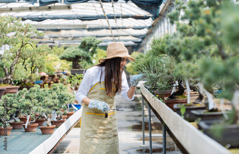 Beautiful woman working in a greenhouse - Gardener taking care of plants and flowers in a botanical garden 