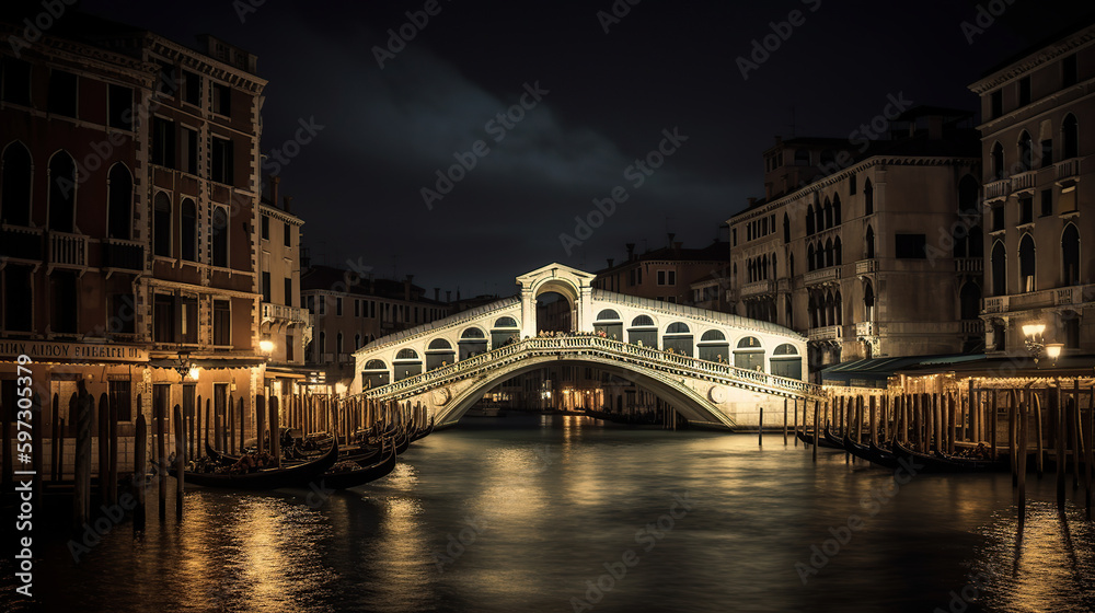 Rialto bridge and Grand Canal in Venice, Italy. View of Venice Grand Canal with gandola. Architecture and landmarks of Venice. generative ai