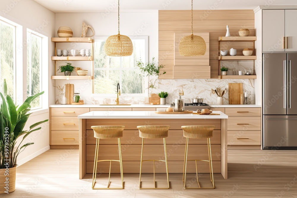 modern kitchen with a spacious center island and bar stools. Generative AI modern kitchen with a spacious center island and bar stools. Generative AI