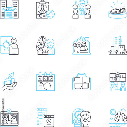 Position linear icons set. Leadership, Management, Innovation, Communication, Collaboration, Adaptability, Decision-making line vector and concept signs. Organization,Strategy,Creativity outline
