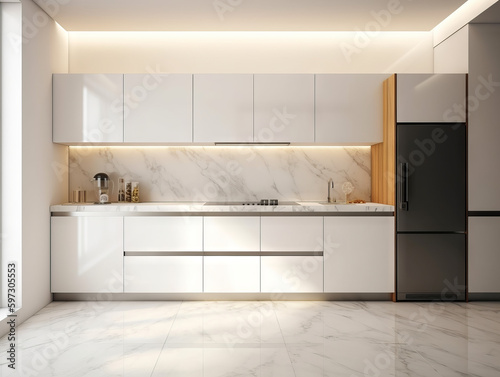 Modern Minimalist Kitchen Interior, With Induction Stove, Sunlight Shining Into the Kitchen, Marble Kitchen Interior, Using Generative AI