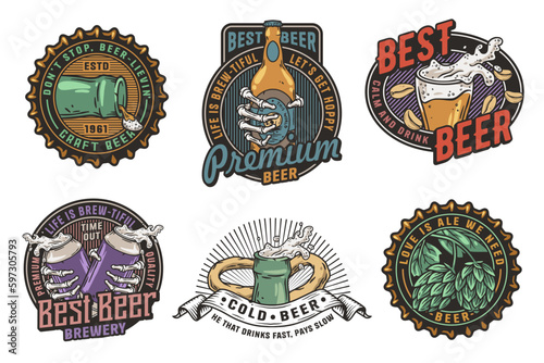 Beer set of brew emblems or craft beer logos with beer cap, can, hop, skeleton and bottle. Labels or prints with skull, beer glass and barly for bar, pub or brewery shop