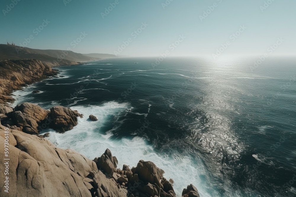 Scenic oceanic view with clear sky & stunning terrain. Generative AI