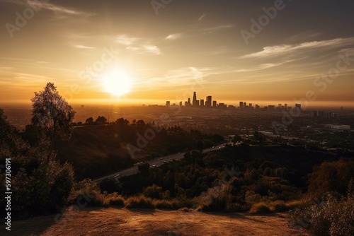Sunrise view of Los Angeles  CA. Generative AI
