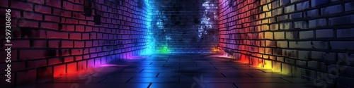 illustration, the empty night street, multicolor dark brick wall,website header, ai generative.