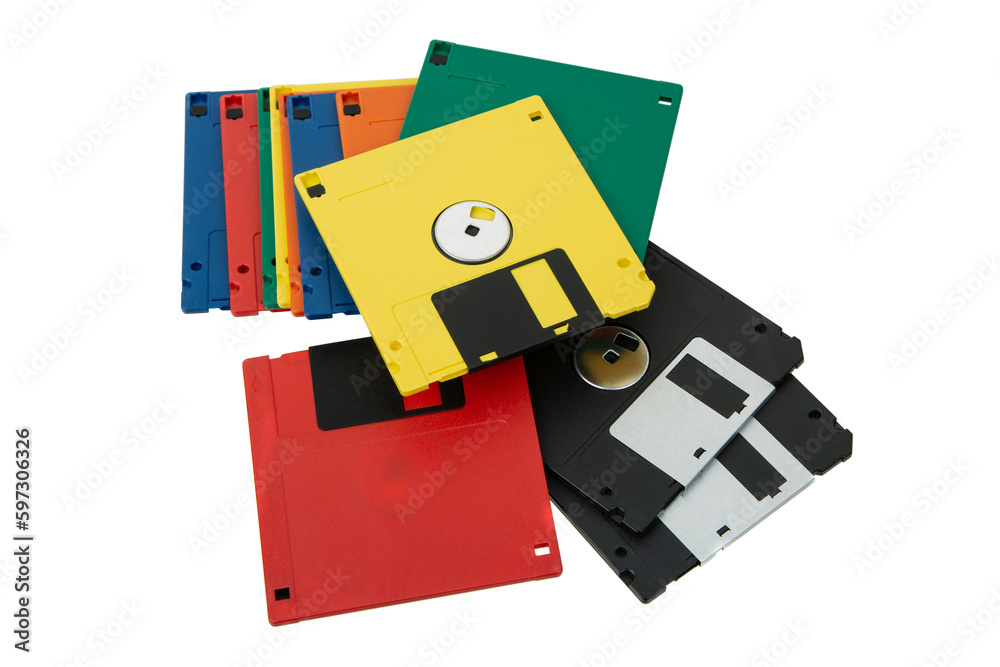 Multi-colored 3.5 floppy disks. Obsolete magnetic storage medium. Isolate on a white back.