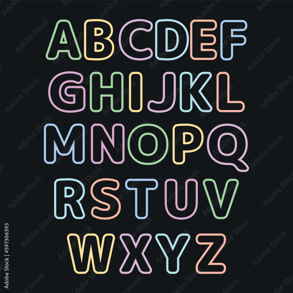 Funny multicolored alphabet. Drawing font for children. Flat isolated vector illustration on black background. Children's font in the cartoon style. Vector illustration of an alphabet. Line art