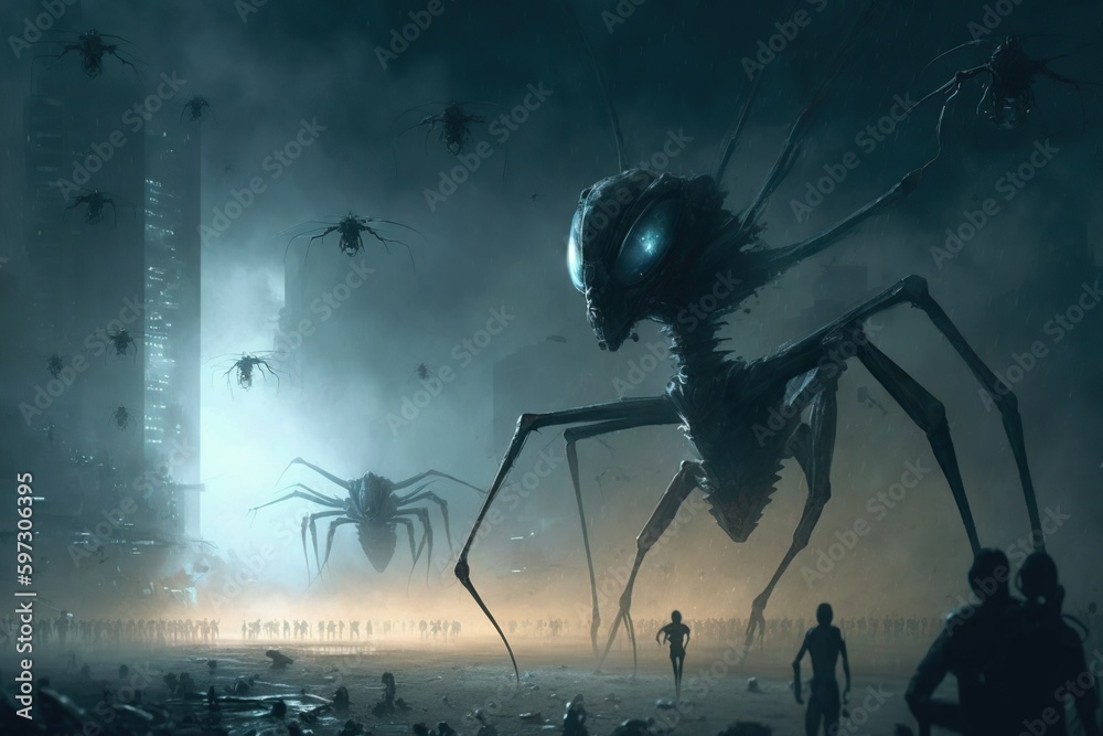 A swarm of mosquitoes attacks the aliens, created with Generative AI ...