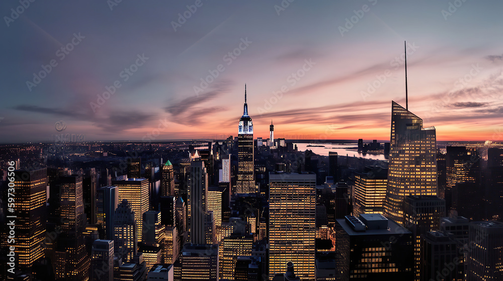 Fototapeta premium Amazing panorama view of New York city skyline and skyscraper at sunset, generative ai