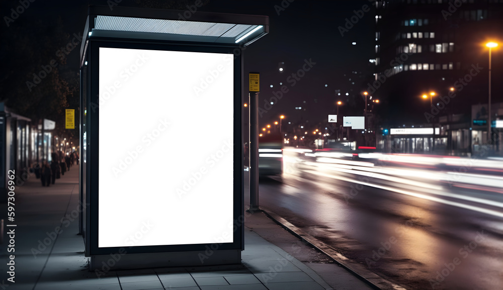 Empty white billboard mockup at bus stop, Blank advertisment placard for marketing banner or ad, Roadside verticle blank billboard mockup in city in night, Bus stand ad display mockup, generative ai, Empty white billboard mockup at bus stop, Blank advertisment placard for marketing banner or ad, Roadside verticle blank billboard mockup in city in night, Bus stand ad display mockup, generative ai,