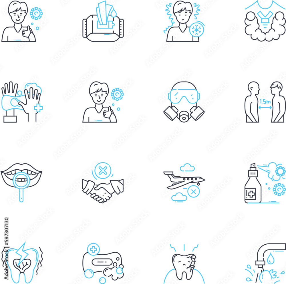 Oral hygiene linear icons set. Toothpaste, Brushing, Flossing, Mouthwash, Dentist, Plaque, Tartar line vector and concept signs. Cavities,Gingivitis,Halitosis outline illustrations