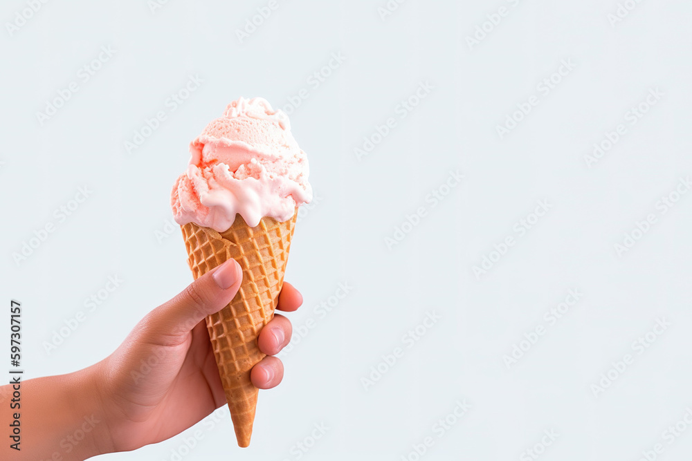 Hand holding delicious strawberry ice cream in a crispy waffle cone with copy space. Created with Generative AI Technology