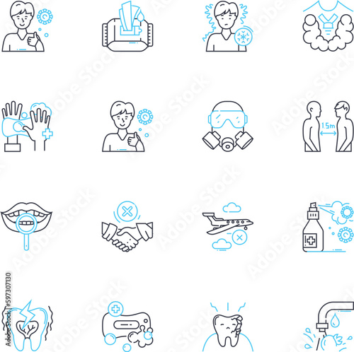 Oral hygiene linear icons set. Toothpaste, Brushing, Flossing, Mouthwash, Dentist, Plaque, Tartar line vector and concept signs. Cavities,Gingivitis,Halitosis outline illustrations