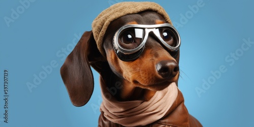 A dachshund wearing aviator goggles and a scarf, set against a plain sky-blue background, concept of Vintage aviation aesthetic, created with Generative AI technology