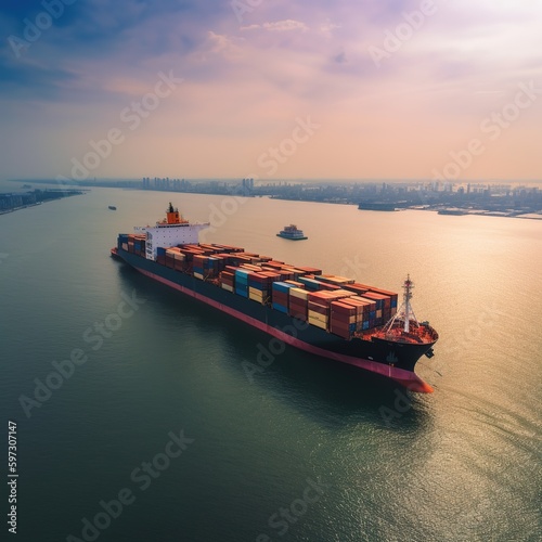 container ship in import export and business logistic.By crane ,Trade Port , Shipping,cargo to harbor. generative AI