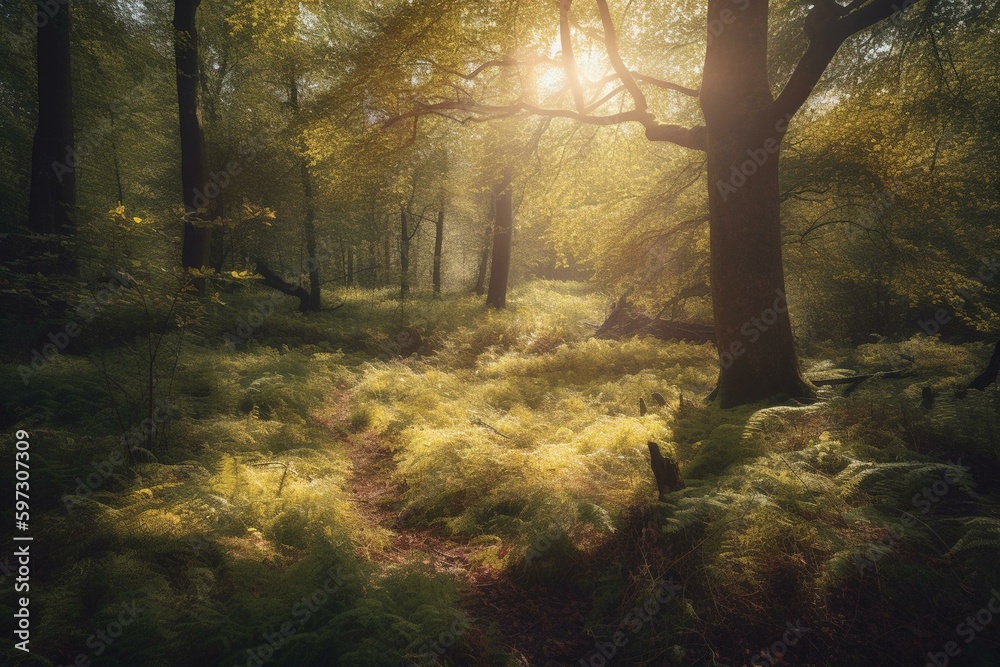 Sunny woodland glows with new vitality. Generative AI