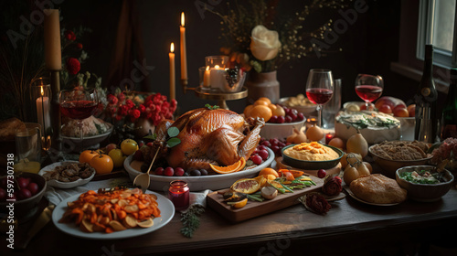 Family have a celebration dinner in party with wine, champagne on Merry Christmas Eve on holiday at home. Roasted Thanksgiving Turkey with Side Dishes.Thanksgiving Celebration, generative ai
