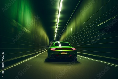 Electric vehicle drives down green-lit tunnel. Generative AI