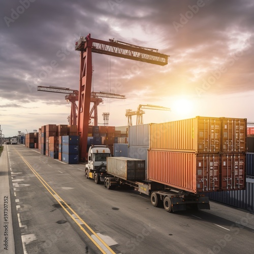 Container truck in ship port for business Logistics and transportation of Container Cargo ship and Cargo plane with working crane bridge in shipyard. generative ai