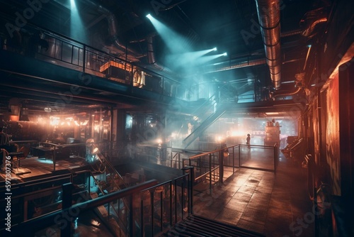 Dim and edgy nightspot, with thick smoke and neon spotlights on stage, reminiscent of retro-futuristic alien techno-hangars. Generative AI © Raul