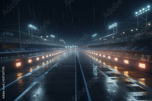 A digital 3D illustration of a night time racing track with a checked finish line, steel gate and illuminated sport stadium with floodlights. Generative AI © Miriam
