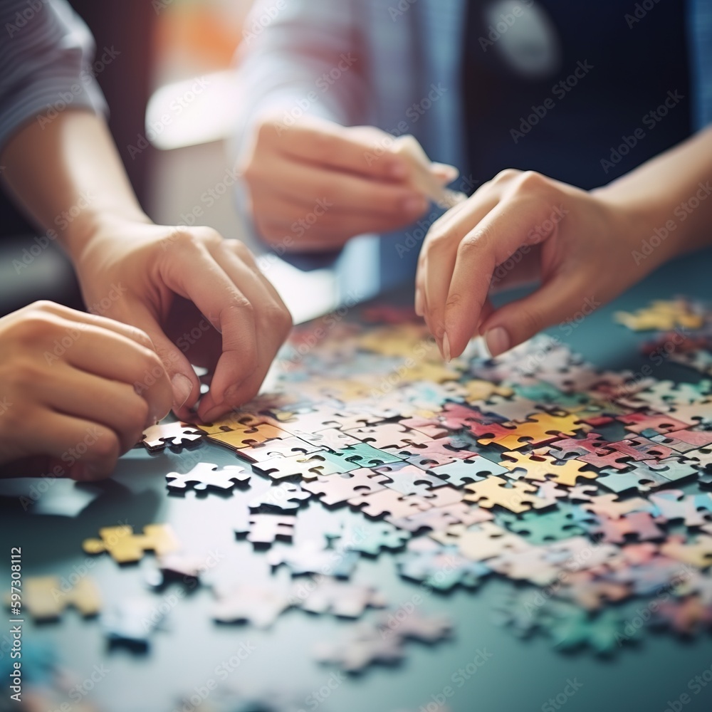 Fototapeta premium hands holding puzzle pieces, teamwork and integration closeup for planning. Team, hand and synergy with problem solving, partnership. generative ai