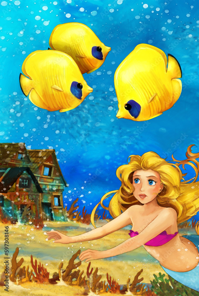 Cartoon ocean and the mermaid in underwater kingdom swimming with fishes - illustration for children artistic painting scene Cartoon ocean and the mermaid in underwater kingdom swimming with fishes - illustration for children artistic painting scene