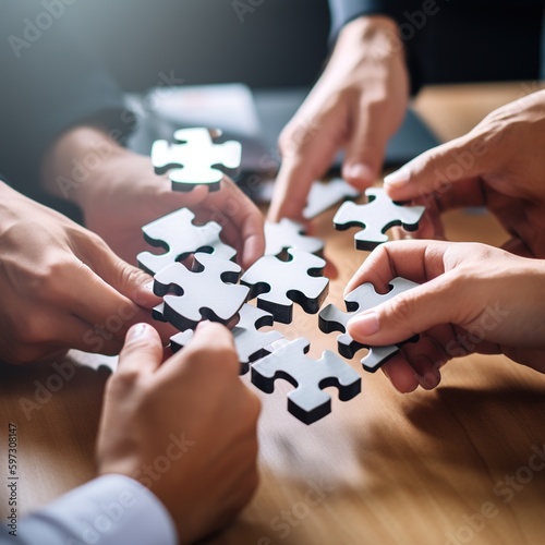 Hands, puzzles, and businessmen Close-up of collaboration, teamwork, and integration for planning. Teamwork, handwork, and synergy in problem solving, collaboration. generative ai