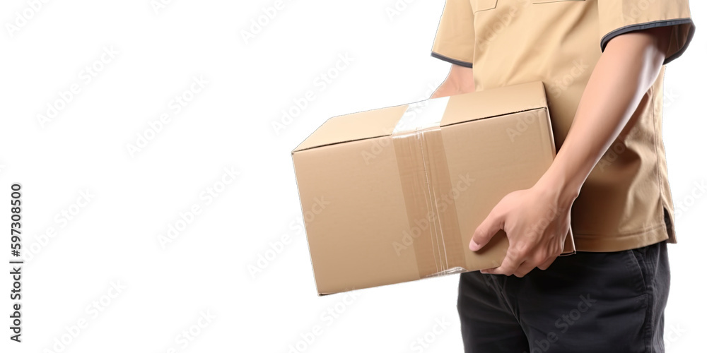 Closeup hands of delivery man holding package to deliver. Courier holding cardboard box isolated on transparent background. Delivery service. Generative AI.